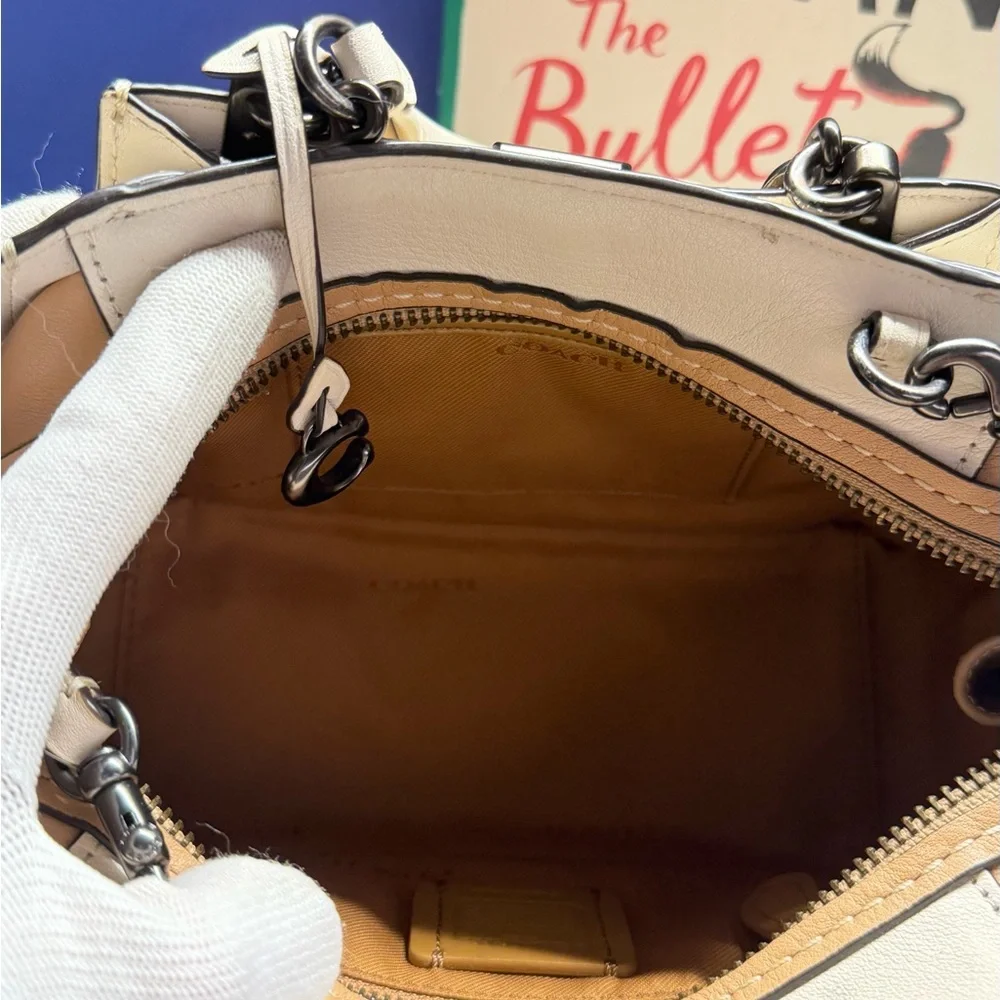 Coach Dreamer Patchwork Leather Satchel Handbag in Beige & Brown